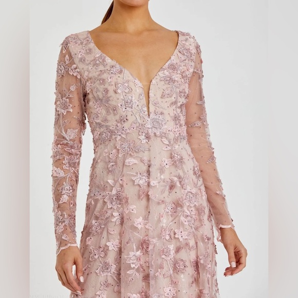 Mac Duggal Pink Floral Applique Long Sleeve Illusion Gown Dress Size 8 NWT - Picture 5 of 15